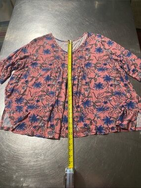 Woman Within Pink Floral 2X V-Neck Top with Blue Accents